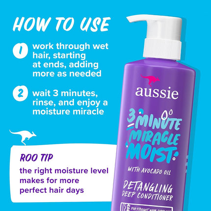 Lot shampooing, après-shampooing et masque capillaire revitalisant intense Aussie Miracle Moist 3 Minute Miracle, infusé d'avocat et d'huile de jojoba australienne, sans parabènes