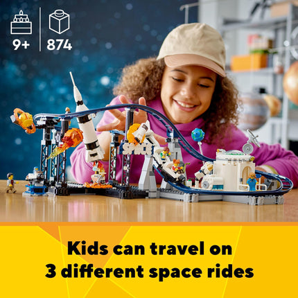 LEGO Creator Montaña Rusa Espacial 31142 Set de Construcción 3 en 1 con Montaña Rusa, Torre de Caída o Carrusel, Más 5 Minifiguras, Juguete Reconstruible de Parque de Diversiones de Navidad para Niños de 9 Años en Adelante