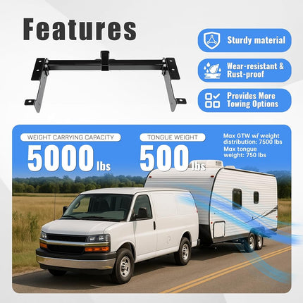 ALMULOO Class 3 Trailer Hitch Compatible with 1996-2023 Chevrolet Express 1500 2500 3500 GMC Savana 1500 2500 3500 2 Inch Towing Receiver Hitch