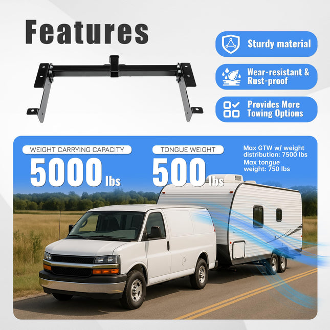 ALMULOO Class 3 Trailer Hitch Compatible with 1996-2023 Chevrolet Express 1500 2500 3500 GMC Savana 1500 2500 3500 2 Inch Towing Receiver Hitch