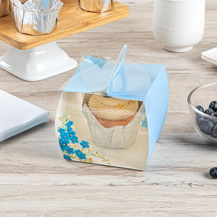 Restaurantware-4 Inch x 4.25 Inch Individual Cupcake Boxes, 100 Disposable Cupcake Display Boxes - with Handle, Flower Accent, Clear Plastic Single Cupcake Containers, for Weddings Or Birthdays