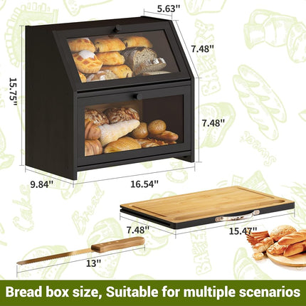 BMOSU Bread Box With Cutting Board - Kitchen Storage Organizer, Farmhouse Countertop Double Bamboo Wood Box (Black)