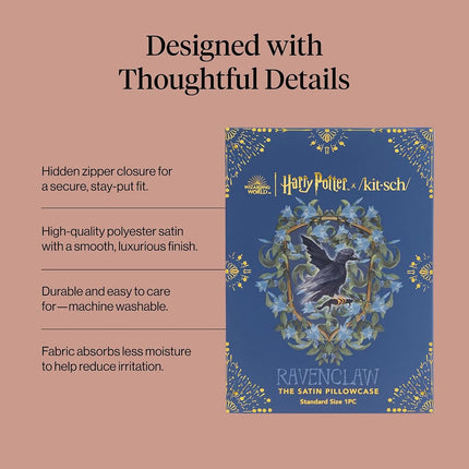 Kitsch x Harry Potter Satin Pillowcase with Zipper – Softer Than Silk, Wrinkle-Free Pillow Cover for Hair & Skin, Machine Washable, King Size 19x36 (Harry Potter - Ravenclaw)