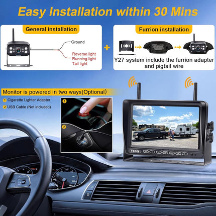Wireless Reverse Camera System with 7" IPS Monitor, 1080P HD Backup Camera for RV, Caravan, Trailer & Truck, Up to 4 Cameras, Long Range Signal, Night Vision, IP69 Waterproof