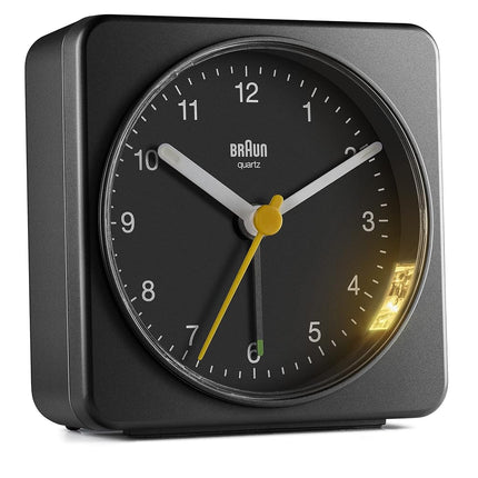 Braun Classic Analogue Alarm Clock with Snooze and Light, Quiet Quartz Sweeping Movement, Crescendo Beep Alarm in Black, model BC03B.