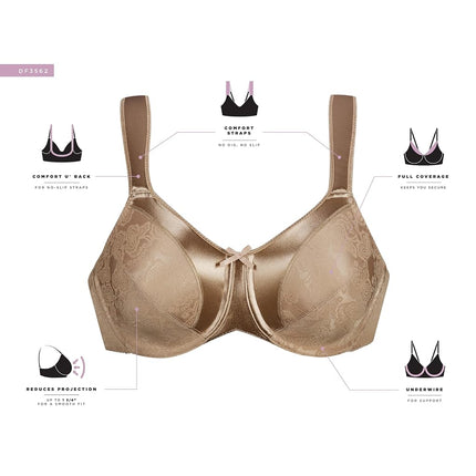 Bali Satin Tracings Minimizer Bra, Underwire Bra, Full-Coverage Bra, Maximum Support Minimizer Underwire Bra, Nude, 36E