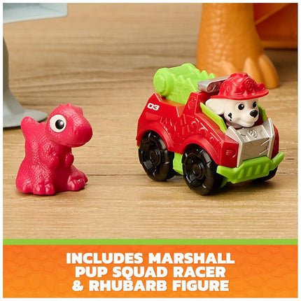Paw Patrol: The Dino Movie, Lift and Race Dino Playset with 25,4 cm Brachiosaurus, Marshall Pup Squad Racer and Rhubarb Action Figure, Fun Preschool Toys for Girls and Boys Ages 3+