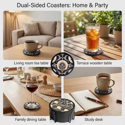 Absorbent Coasters for Drinks with Holder - 6packs, Silicone Coasters with Soft Felt Insert (4.3 inch Coasters with 4.5 inch Holder, Dual-Sided Flower -Themed Patterns)