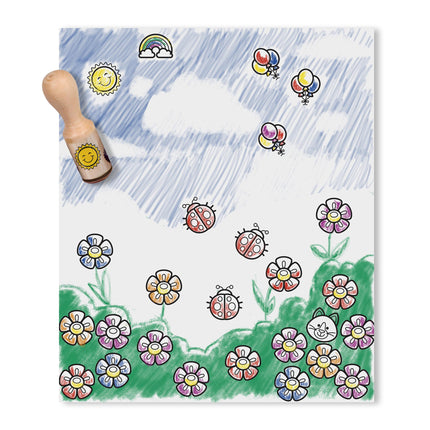 Melissa & Doug Deluxe Happy Handle Juego de Sellos (10 sellos, 5 lápices de colores y almohadilla de tinta lavable de 6 colores)