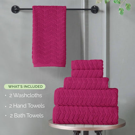 Elegant Comfort Luxury 6-Piece 100% Turkish Cotton Jacquard Braided Textured Premium Hotel Quality Towel Set– Soft and Absorbent, Includes 2 Bath Towels, 2 Hand Towels and 2 Washcloths, Hot Pink