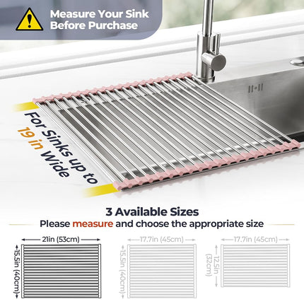 Tomorotec Roll Up Dish Drying Rack Over Sink, 304 Steel, 21x15.5, Pink