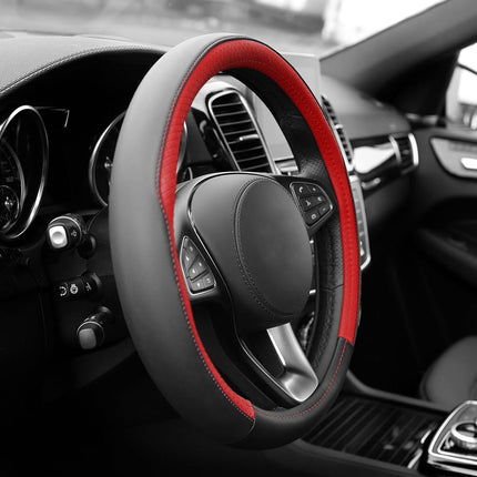 FH Group FH2009 Geometric Chic Genuine Leather Steering Wheel Cover (Red) � Universal Fit for Cars Trucks & SUVs