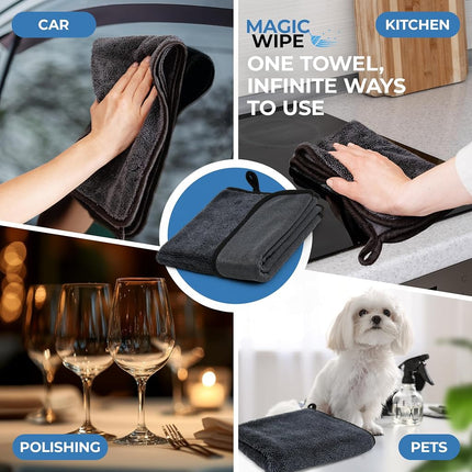MAGIC WIPE® Bathroom Drying Cloth XXL - 40 x 60 cm Original All Purpose Microfibre Cleaning Cloth - Streak & Lint Free Cloth, Premium Quality Drying Towel for Bathrooms (2, Black)