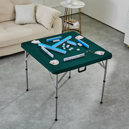 VEVOR Mahjong Table, Fold-in-Half 4 Player Card Table with Wear-Resistant Green Tabletop, Portable Bi-Folding Square Domino Table with Carrying Handle for Outdoor Camping Picnic Party, 90 x90-inch