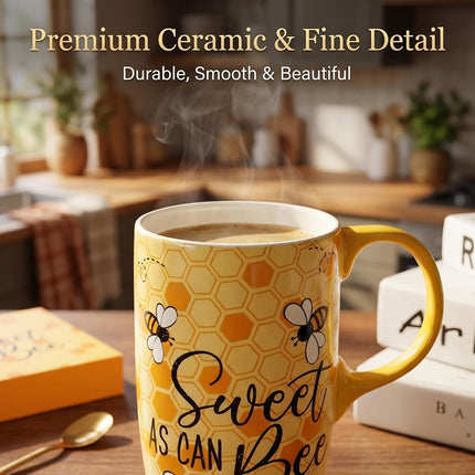 Topadorn Bumble Bee Ceramic Travel Mug with Lid, 17oz Coffee Mug with Handle, Microwave & Dishwasher Safe, Gift Box Included, Nature Lover Gift
