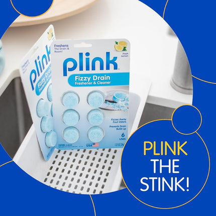 Plink Fizzy Drain Freshner, Prevents Buildup and Maintains a Clear Drain, Removes Drain Odor, Lemon Scent, 6 Tablets