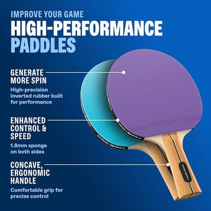 PRO-SPIN Table Tennis Bat Set – with Table Tennis Net for Any Table, Table Tennis Balls 3 Stars, Bag/Cover, Extendable Mobile Table Tennis Net (Blue, Purple, Set for 2 Players)
