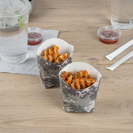 Bio Tek 3.9 x 2.6 x 3.5 Inch French Fry Cup, 100 Disposable Snack Cups - Stackable, Sustainable, Camouflage Paper 2 Ounce Fry Holder, For Fries, Onion Rings, Popcorn, or Cookies - Restaurantware