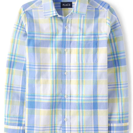 The Children's Place Boys' Long Sleeve Poplin Button Up Shirt, Blue Yellow Plaid, Medium