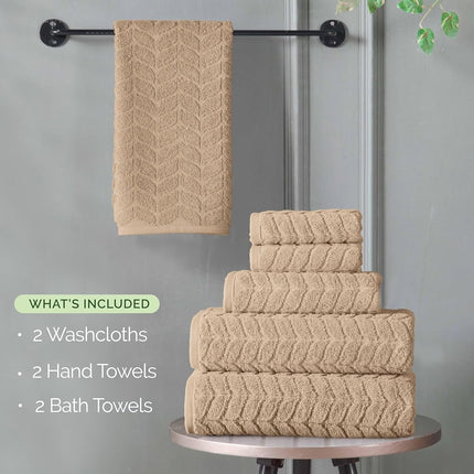 Elegant Comfort Luxury 6-Piece 100% Turkish Cotton Jacquard Braided Textured Premium Hotel Quality Towel Set– Soft and Absorbent, Includes 2 Bath Towels, 2 Hand Towels and 2 Washcloths, Taupe