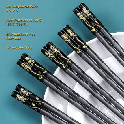 Serie de Palillos de Fibra de Vidrio - Palillos Japoneses Antideslizantes, Reutilizables, Aptos para Lavavajillas, 5 Pares, Set de Regalo, 25.1 cm, Negros