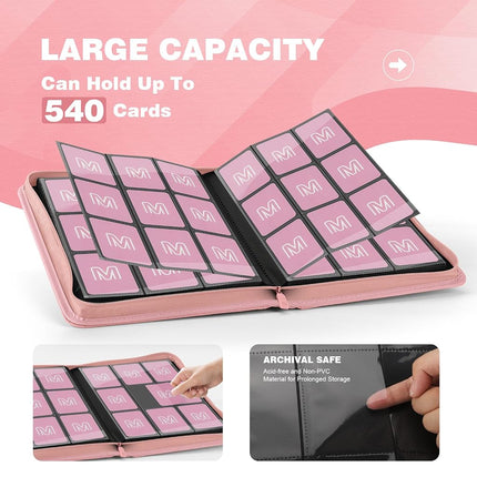 Trading Card Binder with 9 Side Loading Pocket Card Album Hold Up to 540 Cards PU Card Collection Binder, Collectible Albums Card Folder for MTG, TCG, Sports Cards（9-Pink）