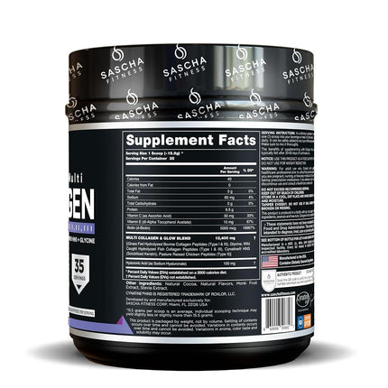 SASCHA FITNESS Hydrolyzed Multi Collagen Peptides Tipes 1,2 & 3 |Hyaluronic Acid|Biotin Cynatine HSN|Vitamin C & E |for Hairs, Skin & Bone Support|Chocolate Flavor