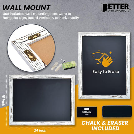 Better Office Products Magnetic Wall Chalkboard, Large Size 18 x 24, Rustic Wood Frame, Chalkboard Sign, Vertical or Horizontal Wall Mount, Includes Chalk and Eraser, by (Whitewash)