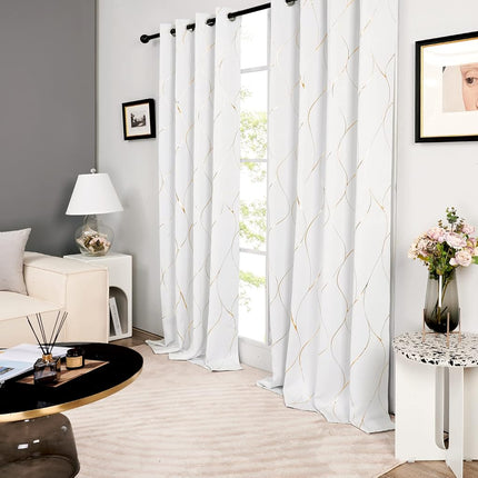 Deconovo Gold Wave Print Blackout Curtains for Bedroom, Thermal Insulated Curtains for Living Room, Room Darkening Drapes (Pure White/Wave, 52x96 Inch, 2 Panels)