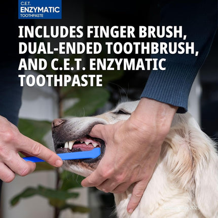Virbac C.E.T. Oral Hygiene Kit for Cats and Dogs | 3 Piece Set with Dual Ended Toothbrush, Fingerbrush, and Poultry Flavor 2.5 oz Tube of Toothpaste | Remove Plaque & Tartar Buildup