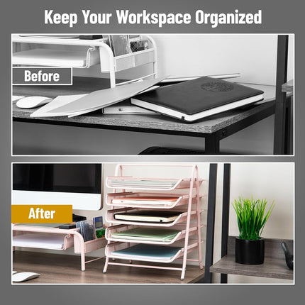 Mind Reader 5-Tier Paper Tray, Desktop Organizer, File Storage, Workspace, Office, Metal Mesh, 11.75" L x 14" W x 15" H, Pink