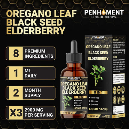 Penhoment 8in1 Oil of Oregano Drops with Black Seed Oil Liquid | Contains Carvacrol | Garlic, Elderberry, Olive Leaf, Quercetin, Bromelain - 2 Fl Oz