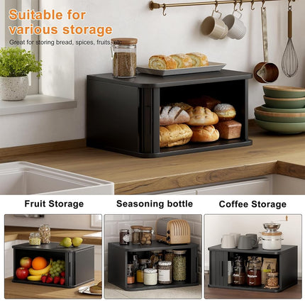 WOWLIVE Bread Box for Kitchen Countertop, Large Roll Top Bread Boxes with Sliding Door, Airtight Bread Storage Container for Loaves, Pastries & Bagels, Bamboo Counter Organizer (Black, Medium)