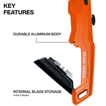 Klein Tools 44301 Retractable Utility Knife with Blade Storage and 5 Extra Blades, Bright Orange, Lightweight Ergonomic Design