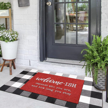 JJUUYOU Welcome Mats for Front Door Outdoor Entry Funny Welcome Ish Depends Who You are Doormat Non Slip Rubber Mat for Home Indoor Farmhouse Funny Kitchen Rugs Patio Red