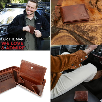 RFID Bifold Leather Wallet For Men with Flip Up ID in Vintage Buffalo Brown, With Coin Pocket - Forest Brown, Bifold Wallet