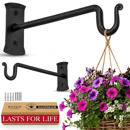 RTZEN Plant Hanger Shepards Hook 7.5" - Heavy Duty Wrought Iron Wall Decor - Indoor or Outdoor Shepherds Hook Hanging Bracket for Bird Feeders Lanterns Baskets and Wind Chimes - 2 Pack