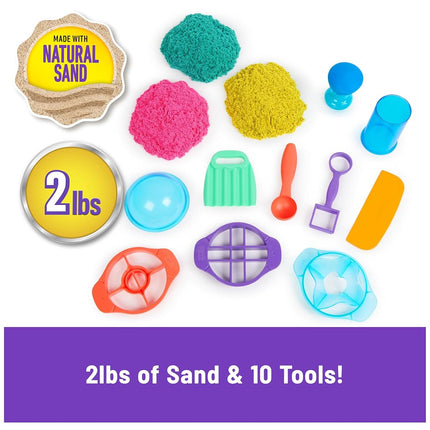 Kinetic Sand Ultimate Sandisfying Set, 2lb of Pink, Yellow and Teal Play Sand, 10 Molds and Tools, Sensory Toys for Kids Ages 3+