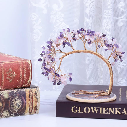 mookaitedecor Natural Amethyst & Rose Quartz Crystal Money Tree Agate Slice Base Feng Shui Bonsai Crystal Tree for Wealth Luck Desk Decor, 4.5-5.2 Inch High