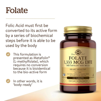 Solgar Folate 800 mcg (as Metafolin) Tablets 100 Count