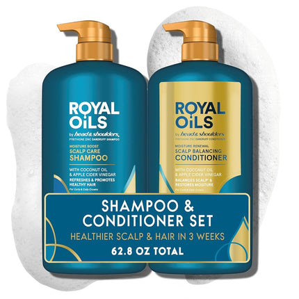 (NEW with Pump) - Head & Shoulders Royal Oils Dandruff Shampoo & Conditioner Set with Coconut Oil and Apple Cider Vinegar, Curly Hair Products, 929ml Each