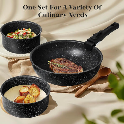 Pots and Pans Set Non Stick, 12 Pcs Cooking Pot Kitchen Set with Frying Pans and Sauce Pans, Dishwasher and Oven Safe, PFAS, PFOA, PFOS Free, Black