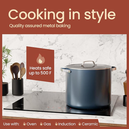 Blue 16 Quart Aluminum Stock Pot with Lid, Nonstick Ceramic Coated Boiling Pot, PTFE & PFAS Free, Oven Safe to 500°F, Riveted Stainless Steel Handles, Tempered Glass Lid, All Stove Compatible