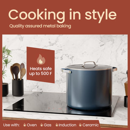 Blue 16 Quart Aluminum Stock Pot with Lid, Nonstick Ceramic Coated Boiling Pot, PTFE & PFAS Free, Oven Safe to 500°F, Riveted Stainless Steel Handles, Tempered Glass Lid, All Stove Compatible