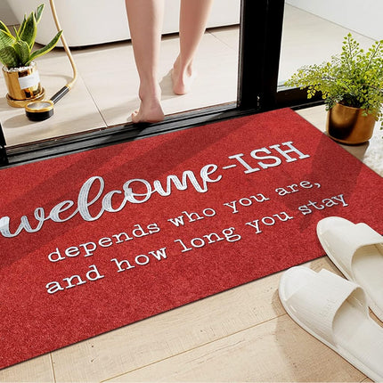 JJUUYOU Welcome Mats for Front Door Outdoor Entry Funny Welcome Ish Depends Who You are Doormat Non Slip Rubber Mat for Home Indoor Farmhouse Funny Kitchen Rugs Patio Red