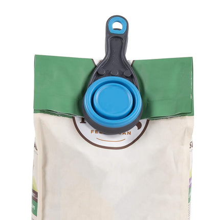 Dexas Pets Collapsible KlipScoop Collapsible Dry Dog Food Scoop and Dog Food Bag Clip, 1/2 Cup Capacity, Pro Blue