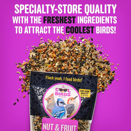 Cool Birds Nut & Fruit Wild Bird Seed – 10 lb. Gourmet Bird Food with Sunflower Hearts, Peanuts, Tree Nuts & Real Fruit – No Corn, Milo or Millet Bird Seed for Outside Feeders
