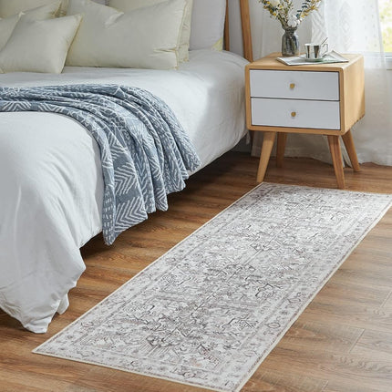 JINCHAN Antibacterial Runner Rug Washable Bohemian Hallway Rug 61x152CM Taupe Floral Thin Kitchen Mat Non Slip Carpet for Bathroom Kids Nursey Entryway Laundry Room Bedroom