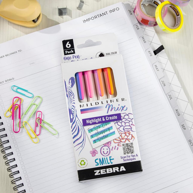 Zebra Pen Mildliner Mix Dual Color Highlighter Marker Set, Chisel Tip, Non-Bleached Mixed Colours, Pack of 6