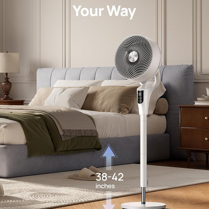 DREO Fan for Bedroom, 90° Oscillating Standing Fan, 20dB Quiet, 90ft Pedestal Fans for Room Office, DC Motor, 8+H Speeds, 3 Modes, 38-42'' Adjustable Height, Remote, 8H Timer, 105° Manual Vertical